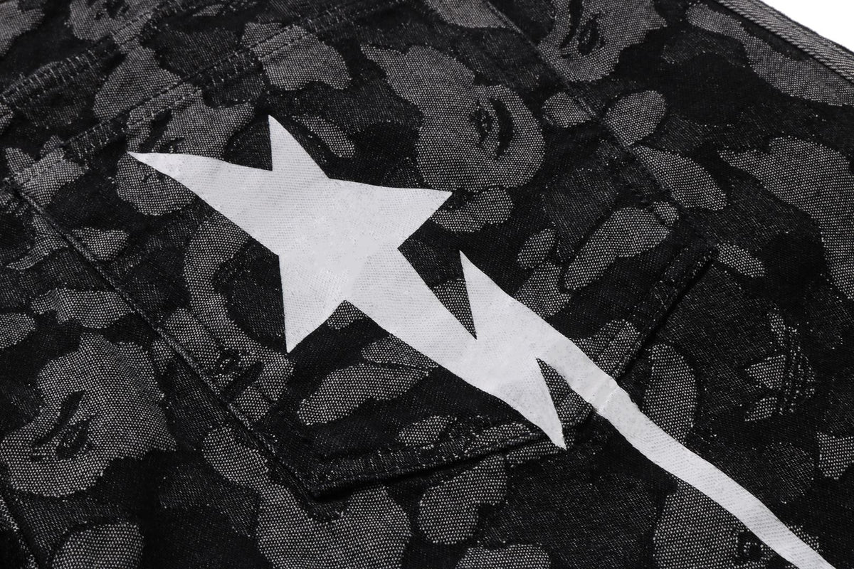 BAPE X ADIDAS CAMO JACQUARD SHARK DENIM JORTS