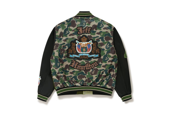 BAPE X JEFF HAMILTON GOAT LEATHER COLOURBLOCK LONG SLEEVE JACKET MENS