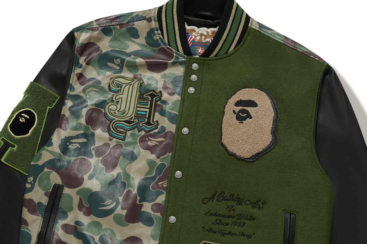 BAPE X JEFF HAMILTON GOAT LEATHER COLOURBLOCK LONG SLEEVE JACKET MENS