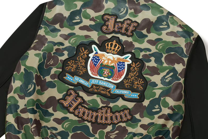 BAPE X JEFF HAMILTON GOAT LEATHER COLOURBLOCK LONG SLEEVE JACKET MENS