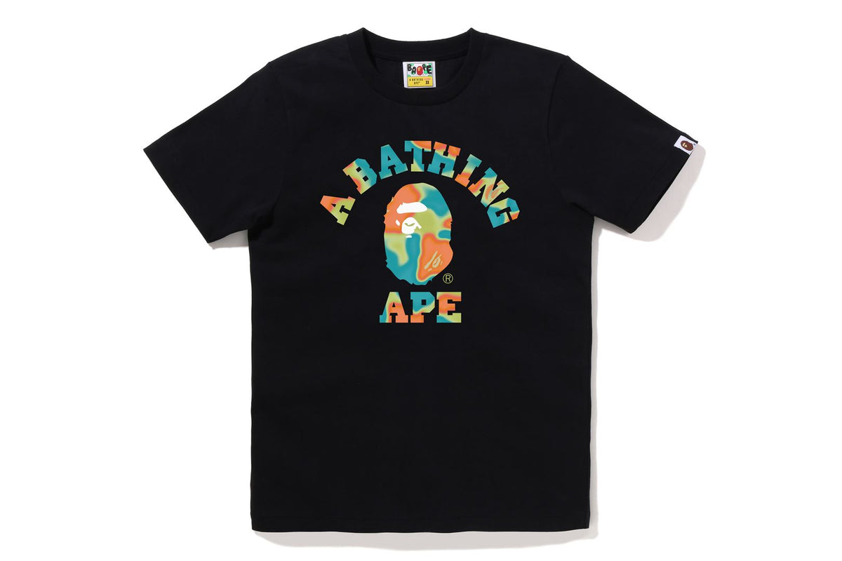BAPE WOMENS COTTON APE HEAD PRINT LIQUID CAMO COLLEGE T-SHIRT