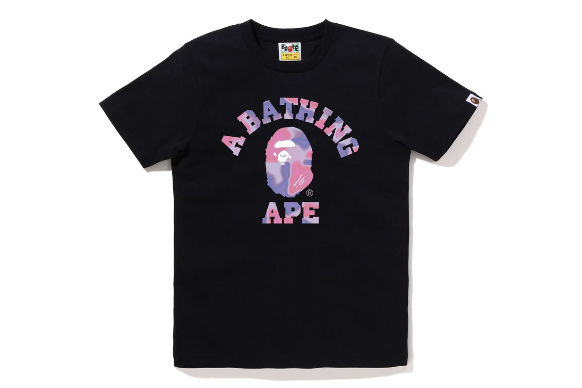 BAPE WOMENS COTTON APE HEAD PRINT LIQUID CAMO COLLEGE T-SHIRT