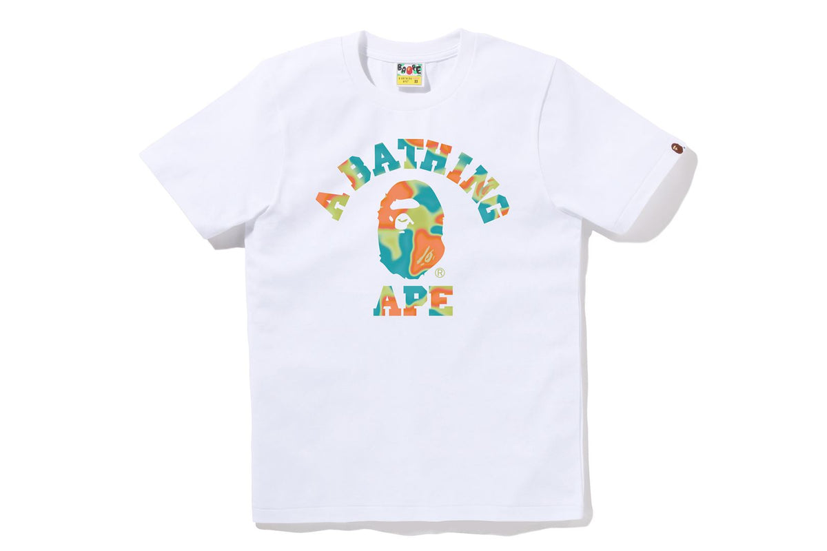 BAPE WOMENS COTTON APE HEAD PRINT LIQUID CAMO COLLEGE T-SHIRT