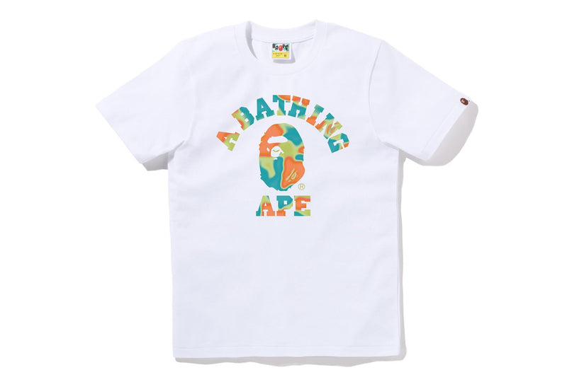 BAPE WOMENS COTTON APE HEAD PRINT LIQUID CAMO COLLEGE T-SHIRT