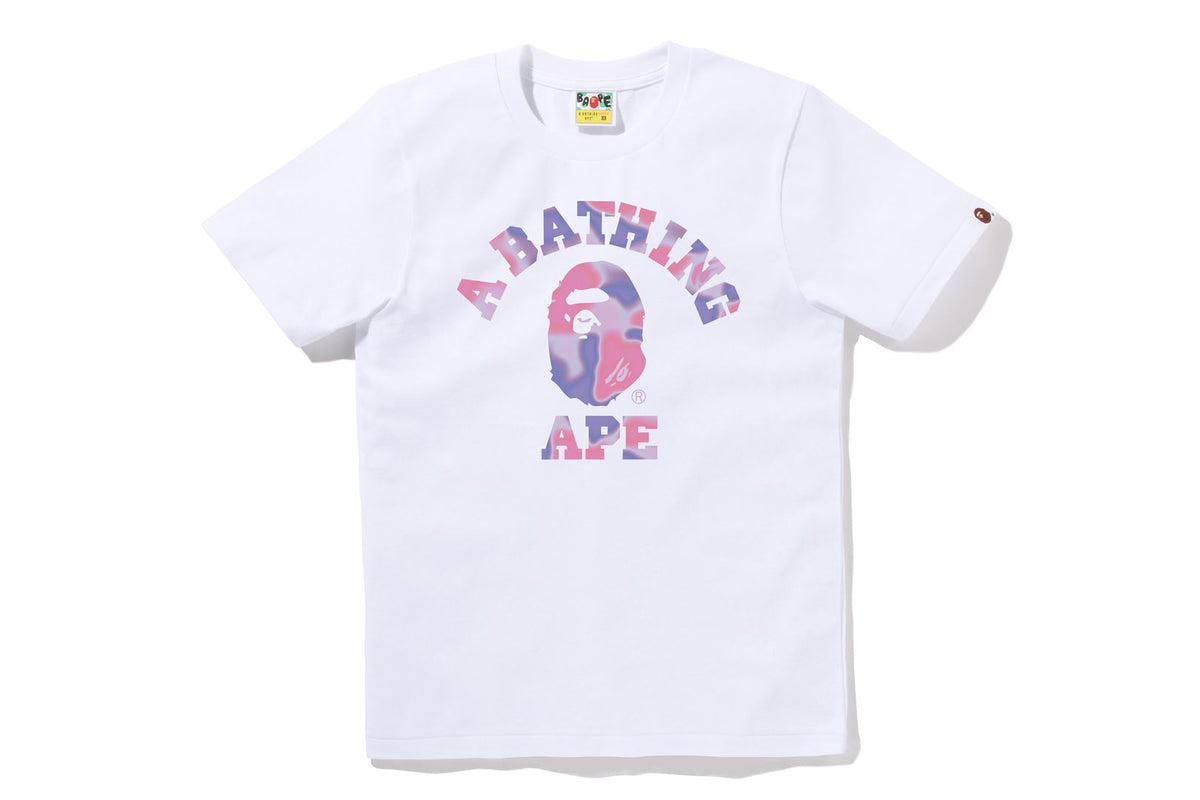 BAPE WOMENS COTTON APE HEAD PRINT LIQUID CAMO COLLEGE T-SHIRT