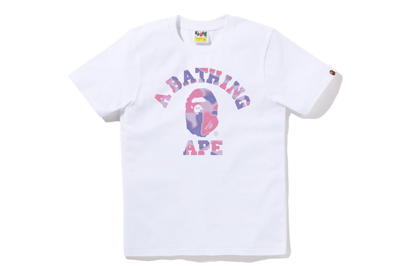 BAPE WOMENS COTTON APE HEAD PRINT LIQUID CAMO COLLEGE T-SHIRT
