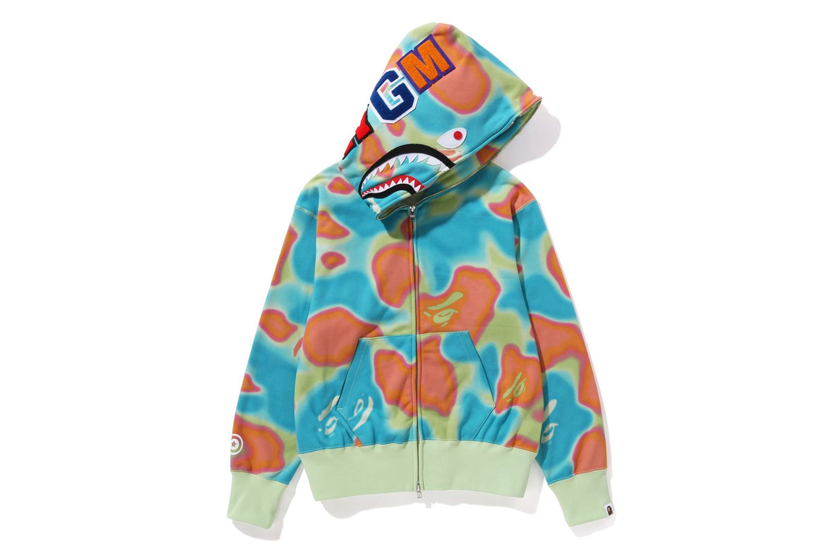 BAPE WOMENS SHARK PRINT LIQUID CAMO FULL ZIP HOODIE WIDE FIT