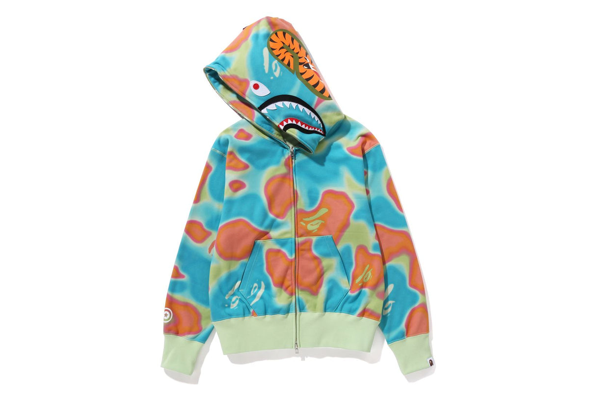 BAPE WOMENS SHARK PRINT LIQUID CAMO FULL ZIP HOODIE WIDE FIT