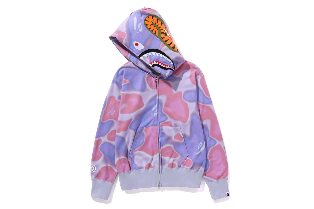 BAPE WOMENS SHARK PRINT LIQUID CAMO FULL ZIP HOODIE WIDE FIT