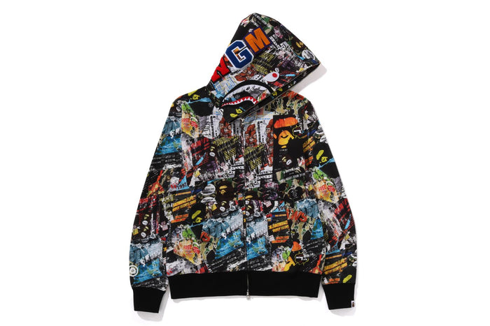 BAPE MENS COTTON SHARK PRINT FLYER PATTERN FULL ZIP HOODIE