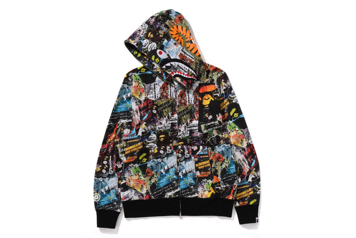 BAPE MENS COTTON SHARK PRINT FLYER PATTERN FULL ZIP HOODIE