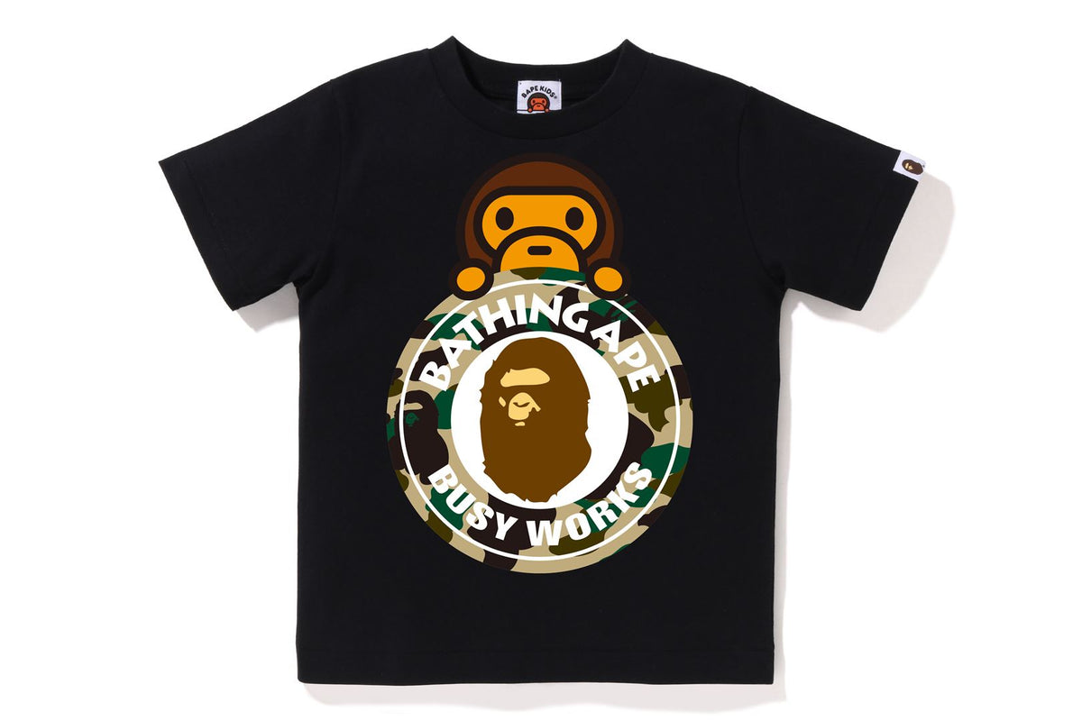 BAPE KIDS COTTON PRINTED 1ST CAMO MILO ON BUSY WORKS T-SHIRT