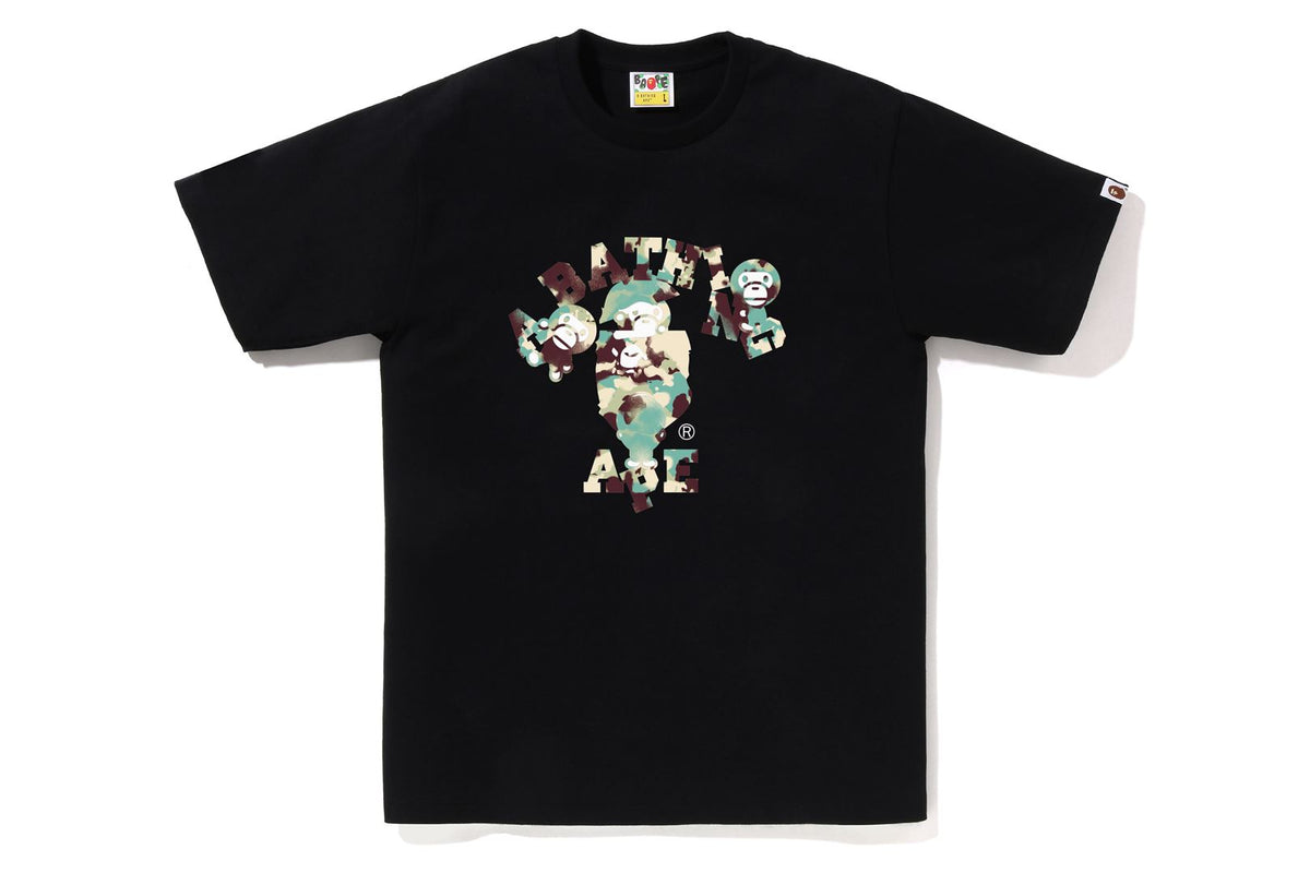 BAPE MENS COTTON MAP CAMO COLLEGE X MILO T-SHIRT