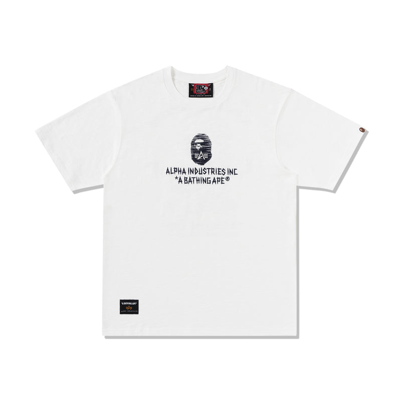 BAPE MENS CREAM & BLACK COTTON APE HEAD PRINT X ALPHA INDUSTRIES T-SHIRT