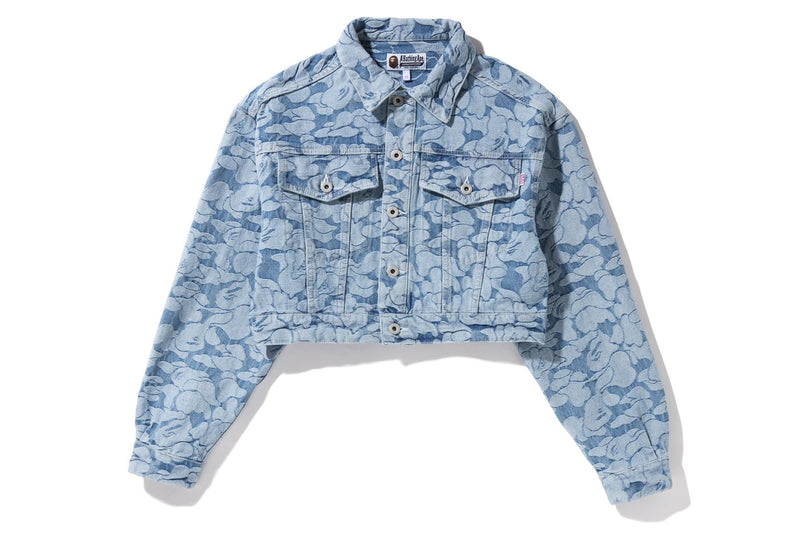 BAPE WOMENS DENIM SOLID CAMO CROPPED DENIM JACKET